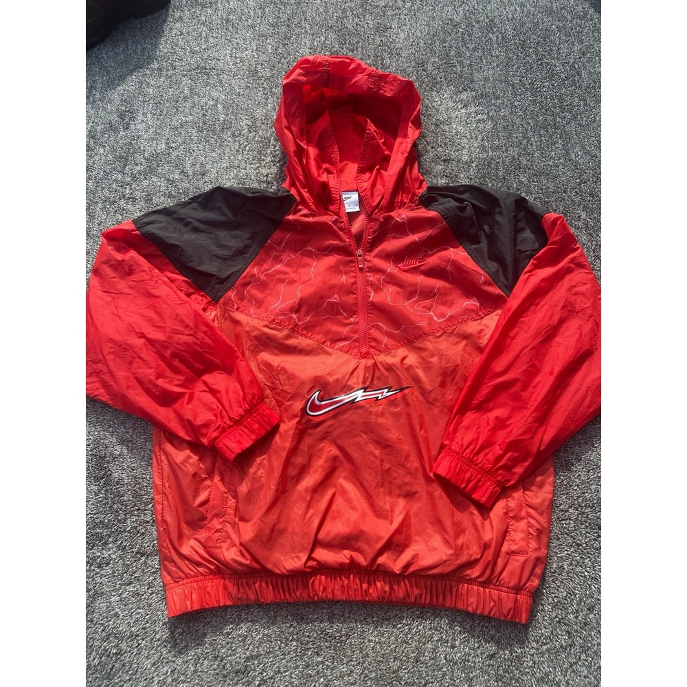 Nike Vintage Y2K Windbreaker Jacket Mens M Red Lightning Swoosh Hooded Pullover